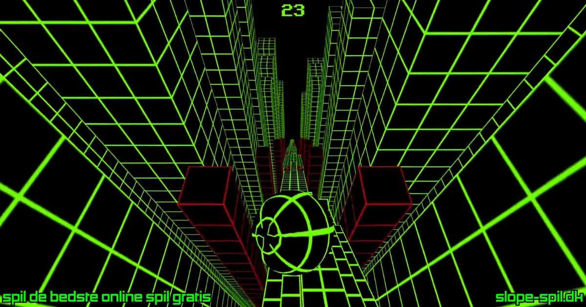 Slope Game løb med score 23 hvor bolden undgår lange røde blokke