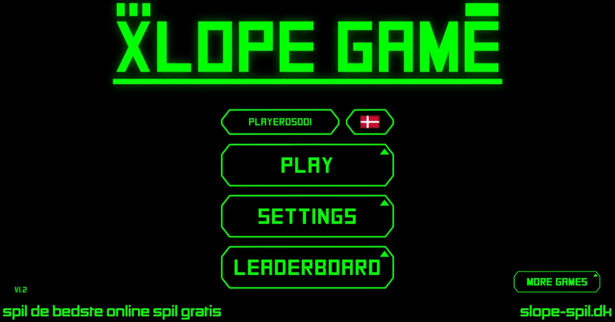 Slope Game hovedmenu med knapperne Play Settings og Leaderboard
